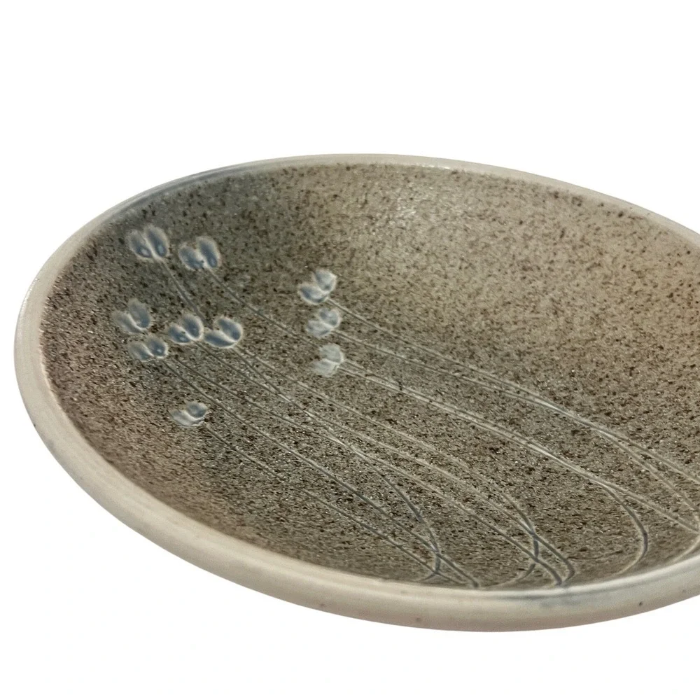 Signed Studio Pottery Shallow Bowl Handcrafted Floral Speckled Earthy Tones 9.5